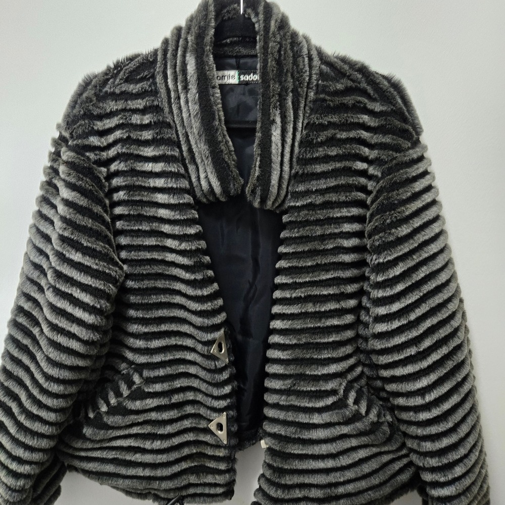 Jamie Sadock Faux Fur Striped Jacket Grey Black Metallic Toggle Buttons